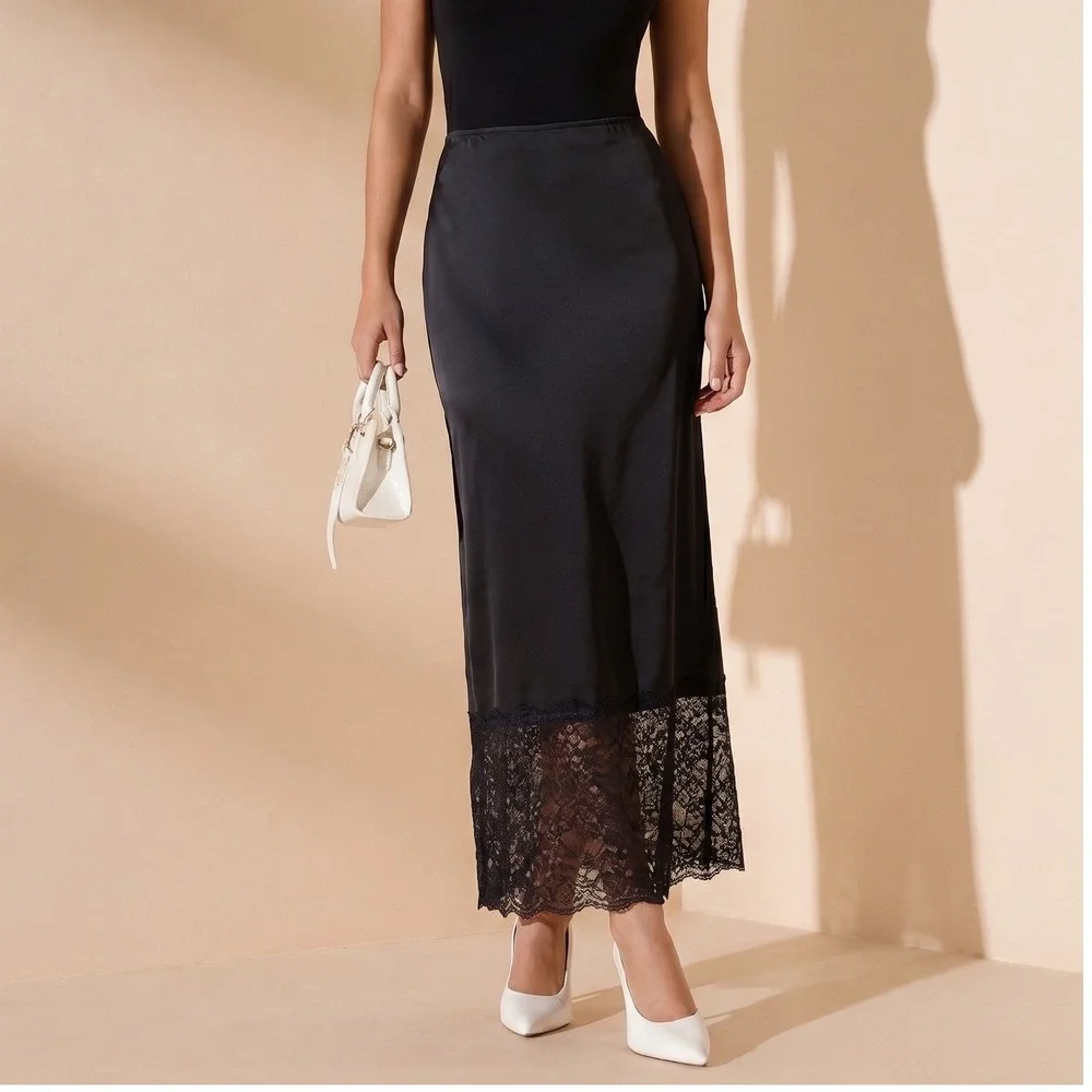 House of Harlow 1960 Black Satin Lace Trim Midi Slip Skirt Womens Size Medium - Picture 1 of 8